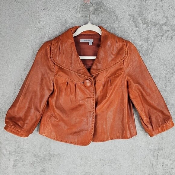 Classiques Entier Cropped Leather Jacket Womens Size XS Brown One Button Pleated - Picture 1 of 8